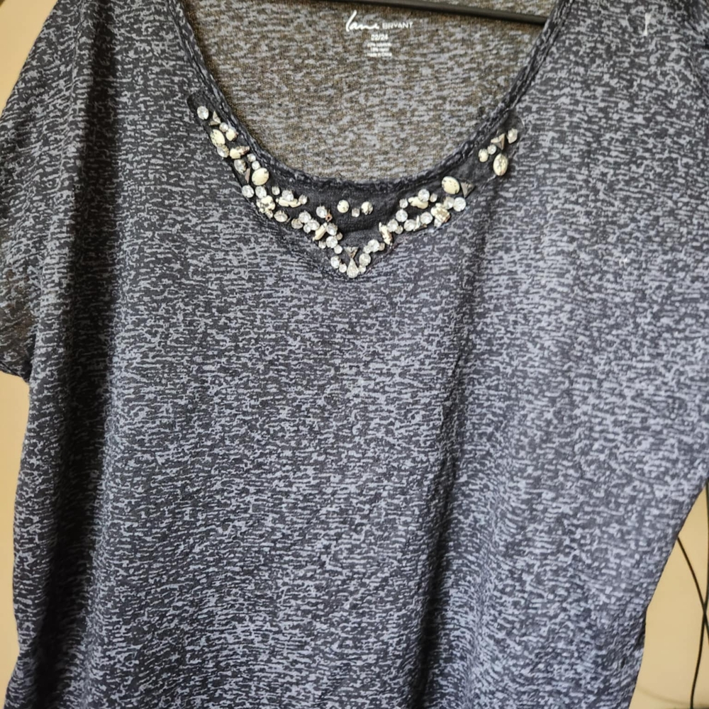 Lane Bryant Gray Embellished Short Sleeve Tee